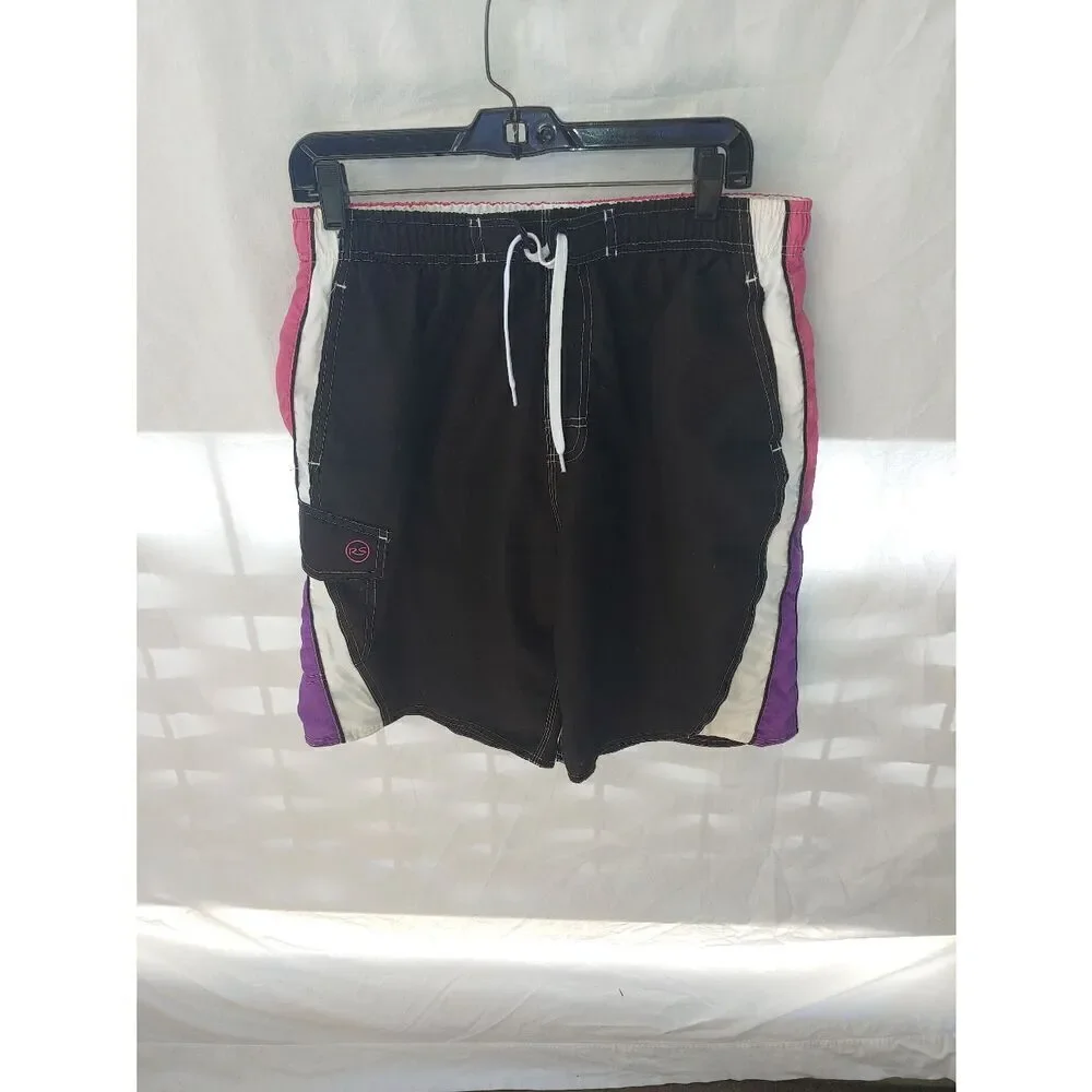RS Surf Mens Size Large Black Multicolor Mesh Lined Swim Trunks.